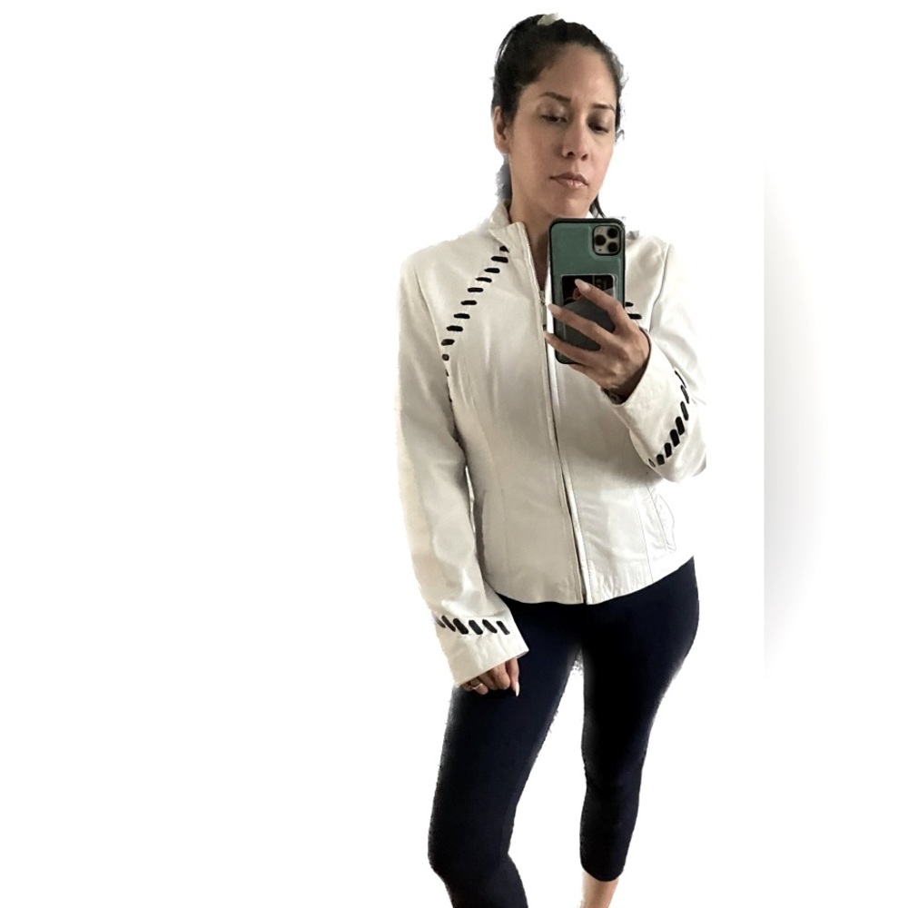 Vintage White Leather Whip Stitch Leather Moto Zip Jacket Size xs/s